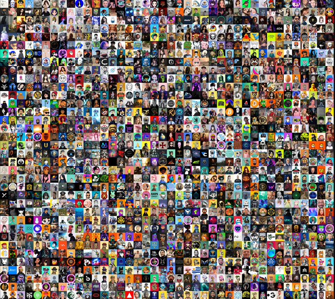 A dense mosaic of hundreds of small profile pictures, logos, and character avatars packed together in a grid, encouraging viewers to search for their own avatar within the community collage to win 100,000 $UEXC. Visible elements include various cartoon mascots, anime characters, and social media profile photos, with no single text dominating the image aside from scattered initials and usernames within individual tiles.