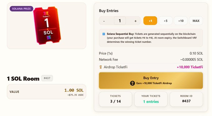 A website interface showing a "1 SOL Room" prize with a TicketFi ticket #1, where users can buy entries at 0.10 SOL each to participate in a draw for 1 SOL.