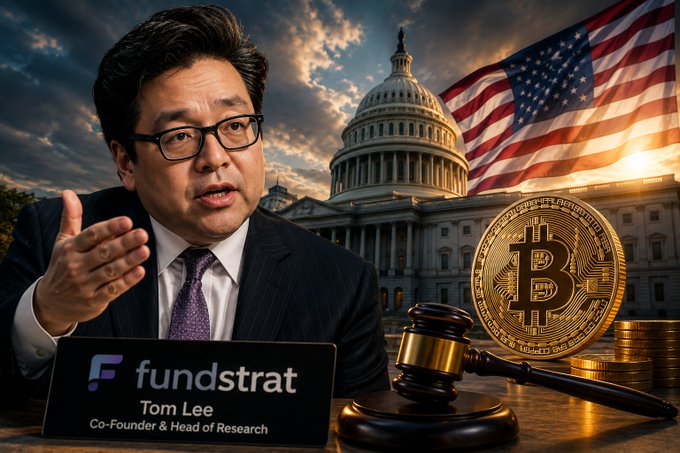 An AI-generated promotional image shows Tom Lee, Co-Founder & Head of Research at Fundstrat, speaking alongside the U.S. Capitol, an American flag, a Bitcoin coin, and a judge's gavel.