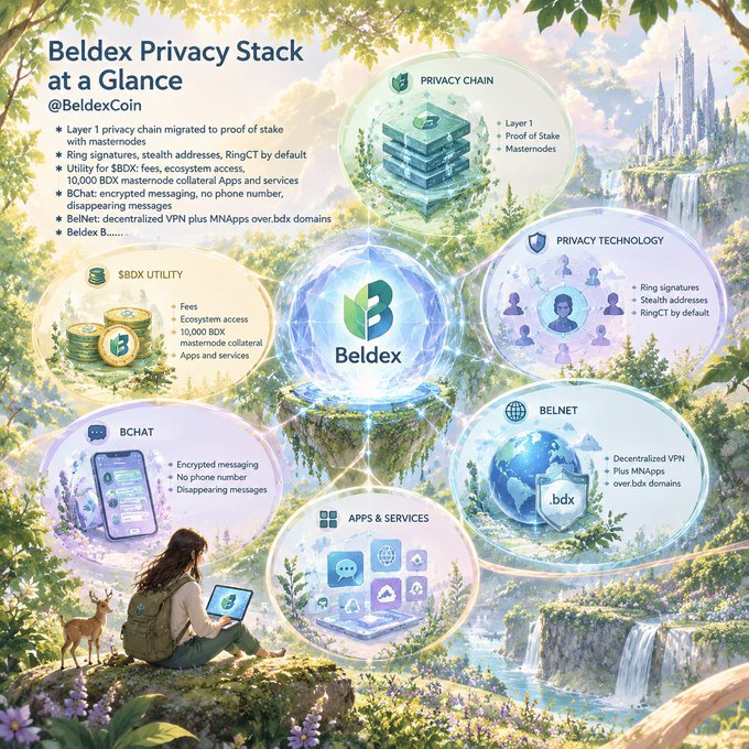 An infographic titled "Beldex Privacy Stack at a Glance" for @BeldexCoin outlines features including Privacy Chain, SBDX Utility, BChat, BelNet, Apps & Services, and Privacy Technology.
