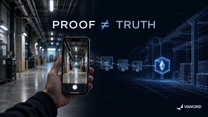 A hand holds a smartphone in a data center, displaying "PROOF ≠ TRUTH" alongside Ethereum-linked blockchain icons, with the VanGrid logo visible in the corner—visually illustrating the post's point that cryptographic anchoring (proof) doesn't automatically guarantee the real-world accuracy of the underlying data (truth).