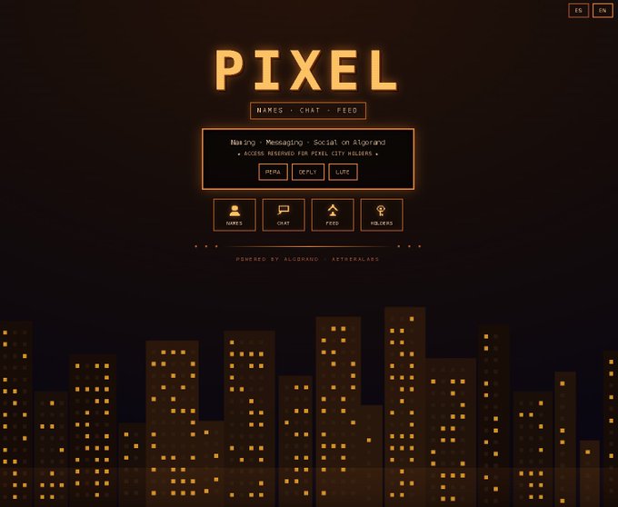 The image presents a pixel website showcasing its name, contact information, messaging platform, chat area, and social networking features. It is a suite on Algorand where each feature has been identified by a corresponding number or letter, with " pixel" as an example. The focus of the post is to explain what the pixel platform offers in terms of names ( Pixel Names), chat ( Pixel Chat), and feed (Pixel Feed). In addition to providing details about these services, it highlights that they have already passed 150 unit tests on the Algorand blockchain platform.