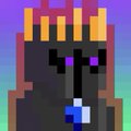 A pixel art sprite of a gray dog/cat-like creature with large black eyes and orange-tipped ears on a purple background.