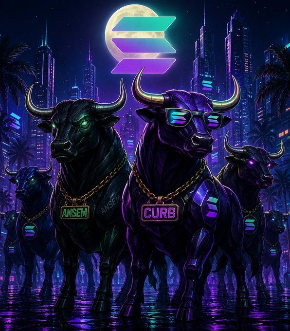 A stylized illustration of two powerful black bulls with glowing neon eyes standing before a futuristic purple-lit cityscape, with the Solana logo prominently displayed above. The central bull wears sunglasses and gold chains featuring "ANSEM" and "CURB" tags, visually representing the "Solana Bull Cycle" theme celebrating $SOL, $ANSEM, and $CURB.
