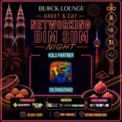 A neon-styled event poster for 'Networking Dim Sum Night' by Block Lounge at 0xchadhao, listing sponsors and partners like RAMPERT, Foursquare, and JPMC Private Bank.