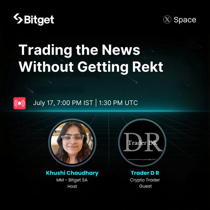 A Bitget promotional graphic for a Twitter Space event titled 'Trading the News Without Getting Rekt' on July 17, 7:00 PM IST / 1:30 PM UTC, featuring host Khushi Chaudhary and guest Trader D R.
