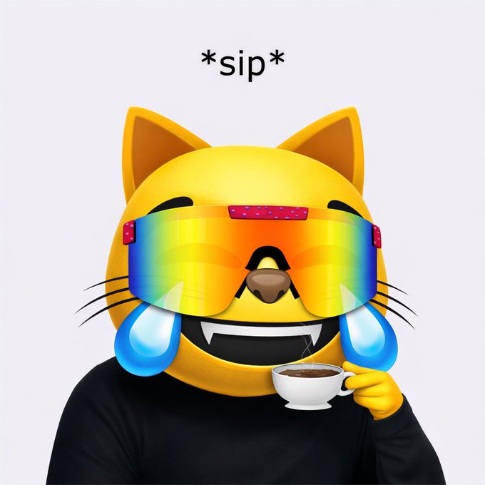 A 3D rendered cat emoji character wearing rainbow sunglasses and a black shirt, holding a coffee cup with the text '*sip*' above it.