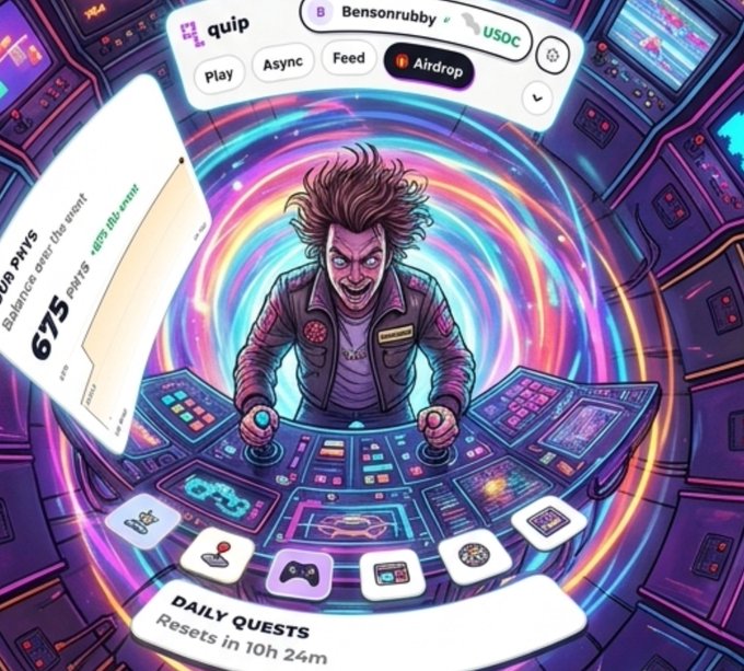 Vibrant gaming-style interface for 'quip' featuring an anime character at a control panel with a '675 PHY5' card and airdrop option visible.