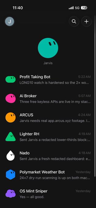 A mobile messaging app interface showing a contact named 'Jarvis' with recent messages from bots including 'Profit Taking Bot', 'Ai Broker', 'ARCUS', 'Lighter RH', 'Nado', 'Polymarket Weather Bot', and 'OS Mint Sniper'.
