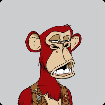 A cartoon NFT-style illustration of a red monkey character with glasses, wearing a vest adorned with badges against a light blue background.