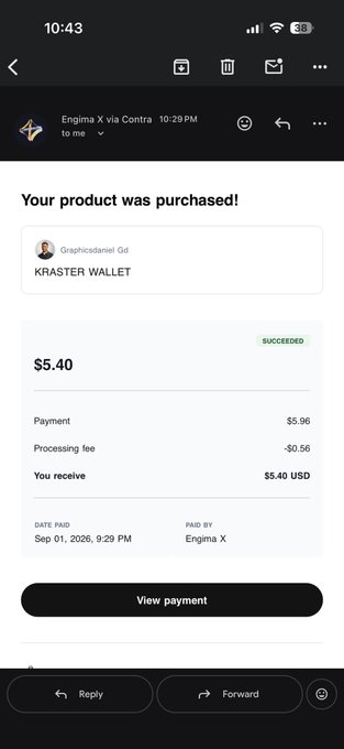 A mobile email screenshot showing a successful sale notification from 'Enigma X via Contra' for a 'KRASTER WALLET' graphic, with $5.40 received after fees, dated Sep 01, 2026.