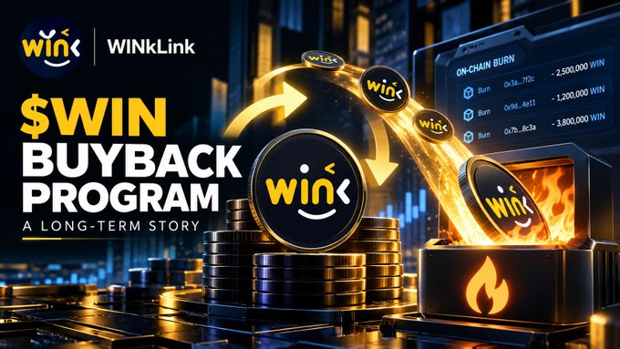 Promotional graphic for WINkLink's $WIN Buyback Program, labeled 'A Long-Term Story,' showing on-chain burns of 2,500,000, 1,200,000, and 3,800,000 WIN tokens being burned in a furnace.