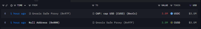 A blockchain transaction log showing two transfers 1 hour ago: 3.5M USDC sent from a Gnosis Safe Proxy (0x97F) to CAP's treasury address, and 3.5M CUSD sent from a Null Address to the same Gnosis Safe Proxy, each valued at $3.5M, illustrating the treasury swap from USDC to CUSD referenced in the post.