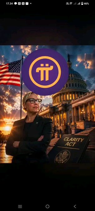 The image shows a woman with short blonde hair and glasses standing with arms crossed in front of the U.S. Capitol building with an American flag, featuring a large purple Pi Network logo at the top and a book labeled "CLARITY ACT" with a government seal at the bottom right, symbolizing the potential Senate vote on the Crypto Clarity Act combined with Pi Network developments.