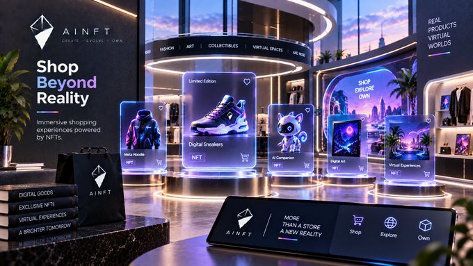A promotional image for 'AINFT' with the tagline 'Shop Beyond Reality' and 'Immersive shopping experiences powered by NFTs,' showcasing digital products like 'Meta Hoodie,' 'Digital Sneakers,' 'AI Companion,' 'Digital Art,' and 'Virtual Experiences.'