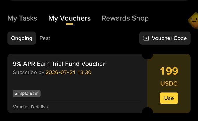 A 'My Vouchers' screen showing a 9% APR Earn Trial Fund Voucher worth 199 USDC, expiring 2026-07-21 13:30, with a 'Use' button.