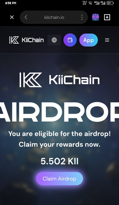 A mobile screenshot of kiichain.io shows a KiiChain AIRDROP page claiming eligibility for 5.502 KII tokens, with a "Claim Airdrop" button displayed on a dark background.