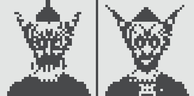 Two side-by-side pixel art portraits depict stylized humanoid figures with pointed hats and wide, jagged-toothed grins against a white background.