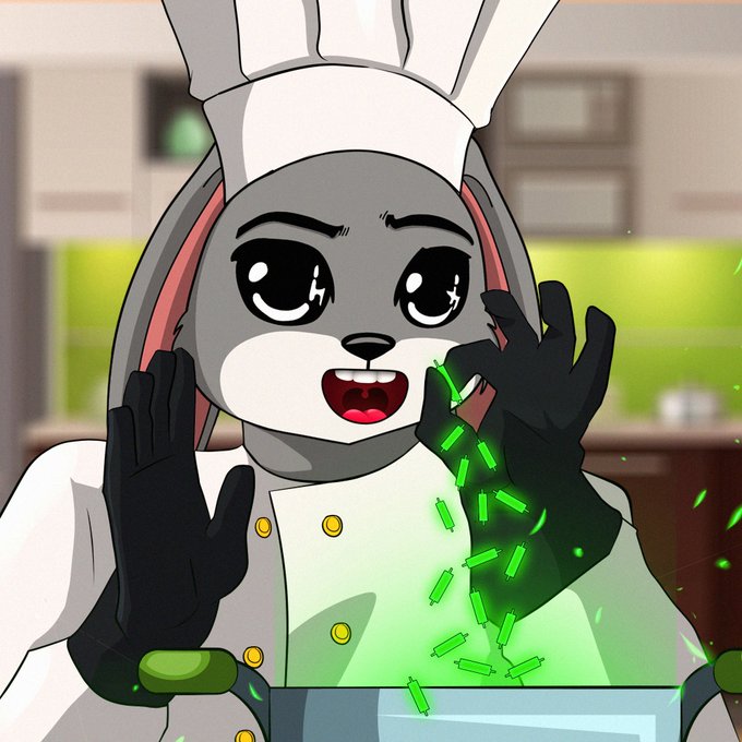 An animated anthropomorphic rabbit chef character smiles widely while sprinkling glowing green seasoning into a pot with black-gloved hands.