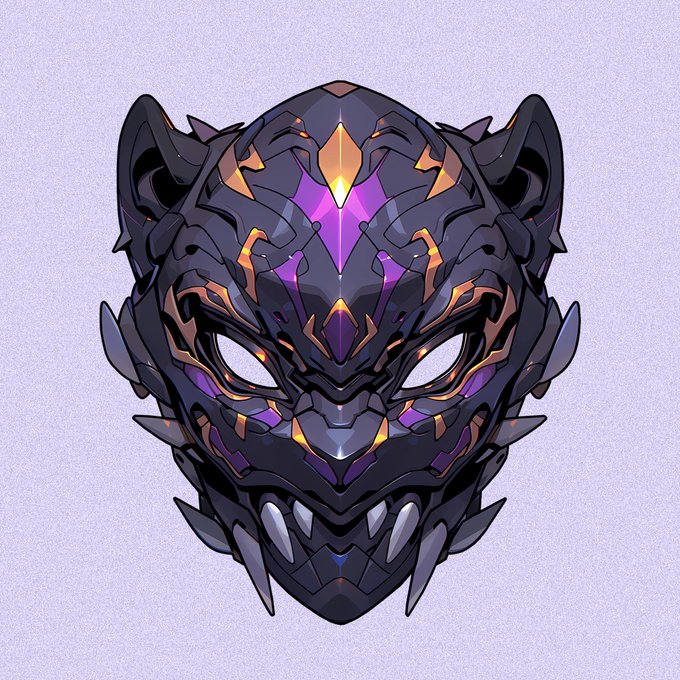 Digital illustration of a menacing dark purple and black helmet/mask with glowing white eyes, orange accents, and sharp fang-like protrusions, likely a samurai or demonic armor design.
