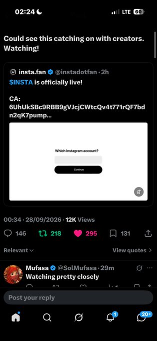 A mobile screenshot of an X post from @instadotfan announcing "SINSTA is officially live!" with 12K views and engagement metrics.
