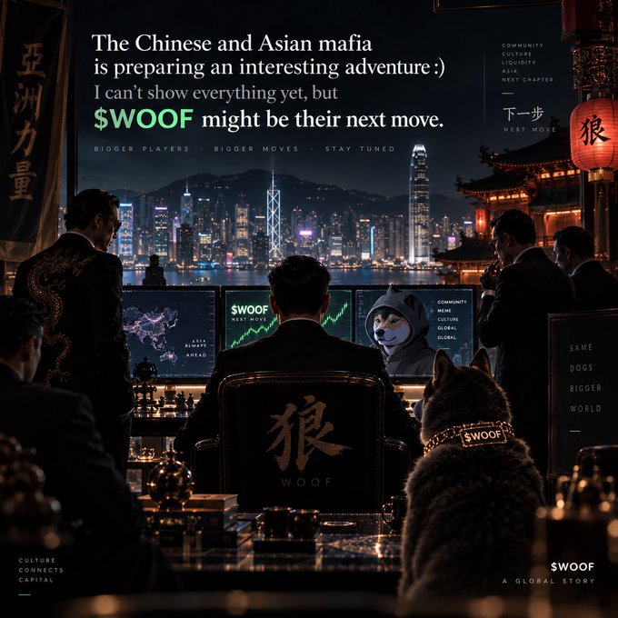 A cinematic promotional image for $WOOF cryptocurrency, showing suited figures and a Shiba Inu dog overlooking a Hong Kong skyline, with text teasing "The Chinese and Asian mafia is preparing an interesting adventure" and "$WOOF might be their next move," alongside branding for WOOF as "A Global Story" with Chinese characters meaning "wolf" and "Asian power."