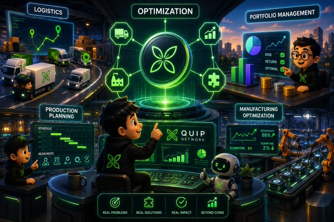 The image depicts a futuristic command center where a person interacts with the "QUIP NETWORK" platform, surrounded by holographic displays showcasing real-world optimization use cases including Logistics, Portfolio Management, Production Planning, and Manufacturing Optimization (showing metrics like RISK 98% and DOWNTIME 2%), with bottom banners reading "Real Problems, Real Solutions, Real Impact, Beyond Coins"—visually reinforcing the post's message that Quip Network prioritizes solving tangible optimization challenges across multiple industries rather than focusing on token speculation.