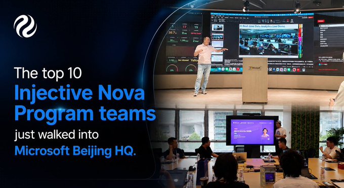 An Injective promotional image announcing "The top 10 Injective Nova Program teams just walked into Microsoft Beijing HQ." showing a presenter in front of large screens displaying dashboards and video content.