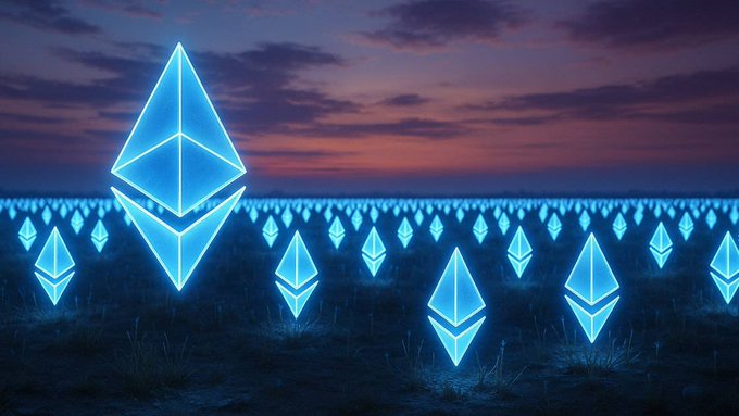 A field of glowing Ethereum (ETH) logos stretches across a landscape under a twilight sky, symbolizing the vast network of staked ETH. The image visually represents the post's message about the surging unstaking queue, illustrating the growing number of ETH holders choosing to withdraw their staked assets following the cryptocurrency's recent price rally.