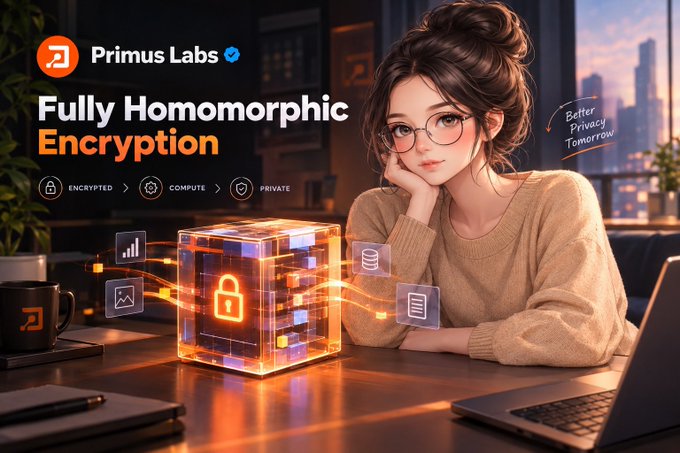 A Primus Labs promotional graphic reads “Fully Homomorphic Encryption” and “Better Privacy Tomorrow,” beside a glowing digital lock cube and a woman at a laptop.