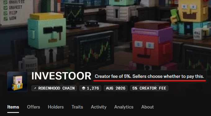 A profile page for the "INVESTOOR" NFT collection on the Robinhood Chain, showing 1,276 items with a 5% creator fee from August 2026, featuring Minecraft-style block characters with financial trading screens and charts. The interface matches the post's description of a creator fee structure where sellers can choose whether to pay the 5% fee.
