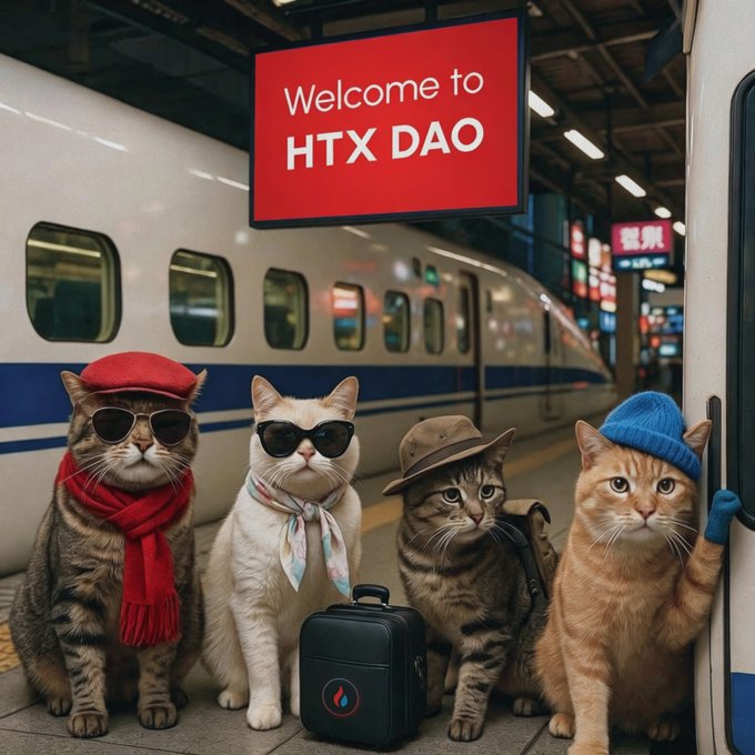 Four stylish cats in sunglasses and colorful accessories pose on a train platform beneath a "Welcome to HTX DAO" sign, with a suitcase bearing the HTX logo, capturing the "GM" spirit of the HTX DAO community on a Monday morning.