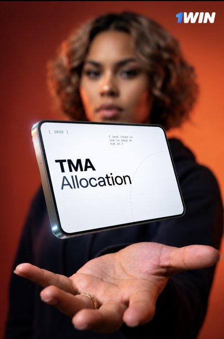 A woman holds up a glowing digital tablet displaying "TMA Allocation" against an orange background, visually reinforcing the announcement of 1winToken's 8% token allocation (80M $1WIN from 1B total supply) reserved for Telegram Mini App users.