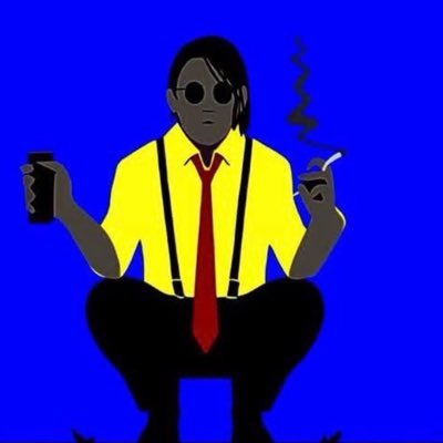 A stylized digital illustration of a man wearing sunglasses, a yellow shirt, red tie, and suspenders, holding a coffee cup in one hand and smoking a cigarette in the other against a blue background.