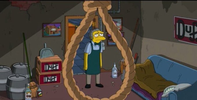 A screenshot from The Simpsons showing Moe standing inside a noose in his bar, with digital clocks behind him displaying his time of death.