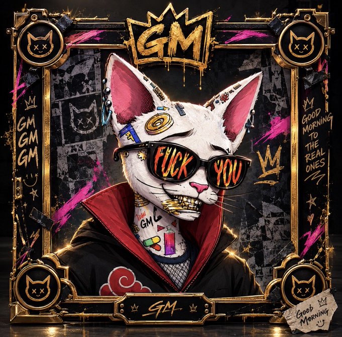 An illustrated white cat with tattoos, piercings, and sunglasses reading 'FUCK YOU' wears a red and black robe, surrounded by a gold frame with 'GM' text and 'GOOD MORNING TO THE REAL ONES' graffiti-style writing.