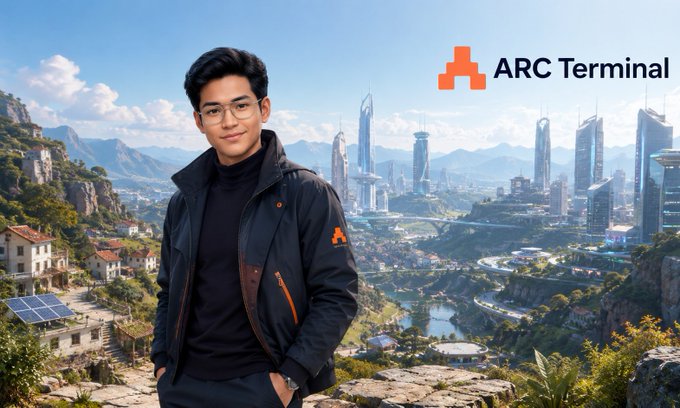 A young man wearing glasses and a black jacket standing in front of a futuristic cityscape with mountains, solar panels, and the 'ARC Terminal' logo.