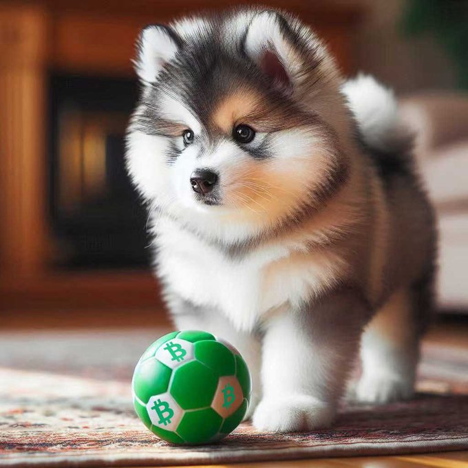 An adorable fluffy Pomeranian puppy with brown, black, and white fur standing next to a green soccer ball decorated with Bitcoin logos.