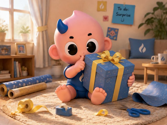 A 3D-rendered cartoon baby with a single blue horn on its head, sitting on the floor and holding a large blue gift box with a yellow ribbon.