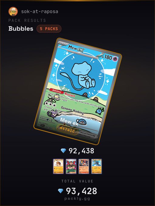 The image features a Pokémon card with the text "Mewt! atraposa" and a picture of a cat on top, as well as details about its value, rarity, and total worth. The card has been recently purchased or earned through gameplay, described by the person in the comments.