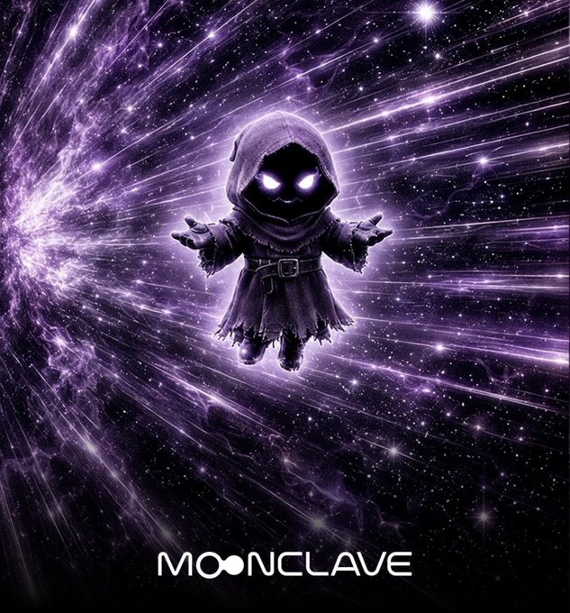 A dark-hooded figure with glowing purple eyes floating against a purple cosmic/light ray background, with the 'MOONCLAVE' logo at the bottom.