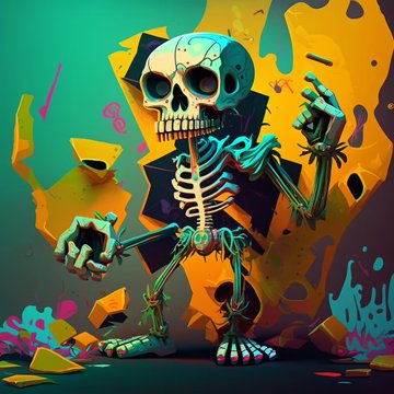A cartoon-style skeleton with a blue-tinted skull and ribcage emerges from an explosion of yellow and orange debris, gesturing with its bony hands.