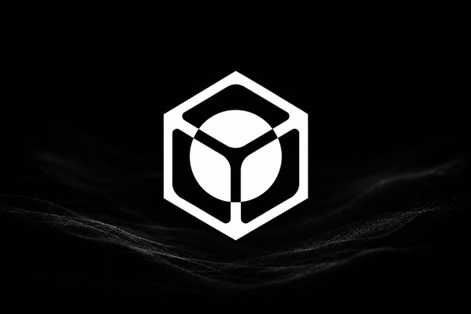 A minimalist white geometric logo resembling a hexagonal 'T' or cube design set against a black background with subtle wave patterns.