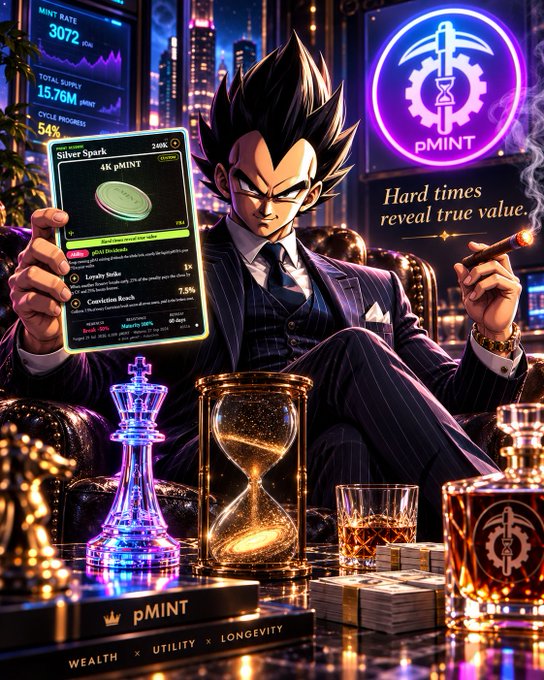 An anime-style illustration of a spiky-haired man in a pinstripe suit holding a 'Silver Spark' pMINT card, sitting at a table with a chess piece, hourglass, and whiskey glass, with text reading 'pMINT - Hard times reveal true value' and 'WEALTH × UTILITY × LONGEVITY'.