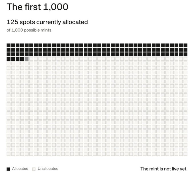 A digital progress chart titled 'The first 1,000' shows '125 spots currently allocated' with a grid of black squares representing the filled spots out of 1,000 possible mints.