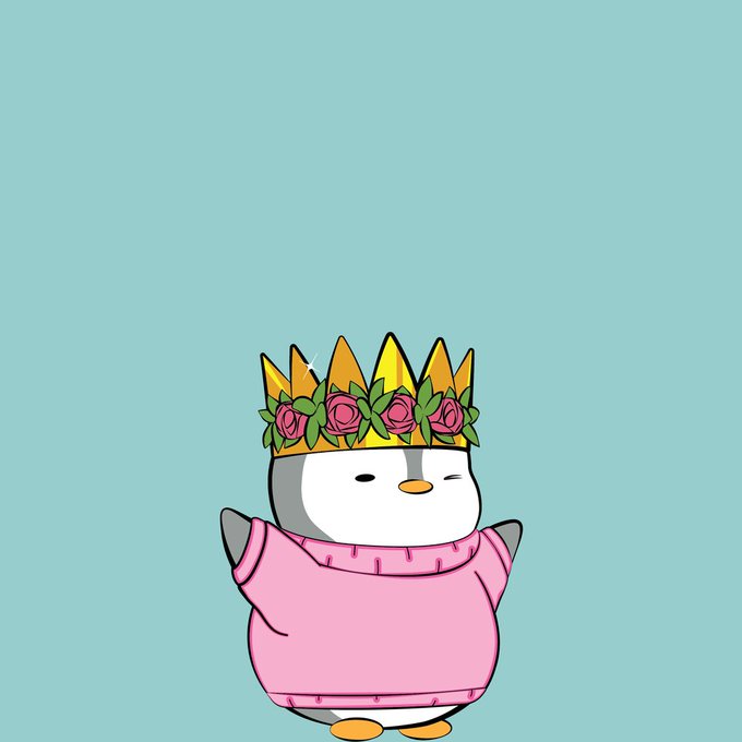 A cartoon illustration of a cute penguin wearing a pink sweater and a golden crown decorated with red roses, set against a solid light blue background.
