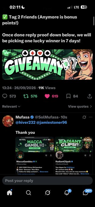 A Twitter/X screenshot of a giveaway post by 'Mufasa' (@SolMufasa) with 11K views, asking viewers to tag 2 friends, with betting-related embedded content from MaccaGamblez and RadiantClips1.