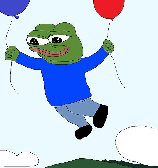 A digital drawing of Pepe the Frog floating with balloons in a blue shirt and jeans against a light backdrop.