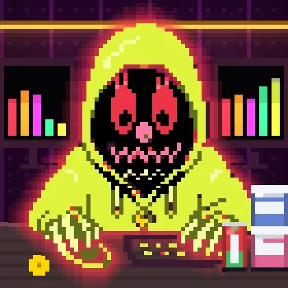 A pixel art character wearing a yellow hooded cloak with a menacing red-eyed skull face sits surrounded by trading charts and bar graphs, symbolizing a "Tradooor" crypto-trading NFT (#8187) that sold for 0.0559 ETH on OpenSea. The financial imagery reflects the trading-themed nature of the Robinhood-linked NFT collection.