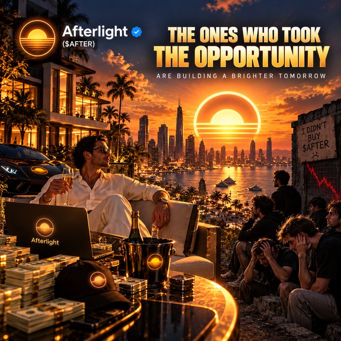 A split-image cryptocurrency promotion for Afterlight ($AFTER) showing a man living luxuriously on the left with the text 'THE ONES WHO TOOK THE OPPORTUNITY ARE BUILDING A BRIGHTER TOMORROW', contrasted with regretful figures on the right under a 'I DIDN'T BUY $AFTER' sign with a downward chart.